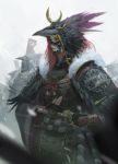  1girl 3others armor banner bird black_feathers black_gloves closed_mouth eyeshadow fahmi_fauzi fantasy feathers fingerless_gloves fog fur_trim gloves grey_eyes helmet japanese_armor kabuto katana long_sleeves makeup mask medium_hair multiple_others original pauldrons purple_feathers raven_(animal) redhead scabbard sheath snow snowing sword vambraces weapon white_eyes 