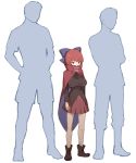  1girl 2boys bangs bare_legs black_footwear black_shirt blue_bow boots bow breasts cape commentary_request faceless faceless_male full_body hair_bow height_difference high_collar large_breasts long_sleeves miniskirt multiple_boys pleated_skirt red_cape red_eyes red_skirt redhead sekibanki shirt short_hair silhouette simple_background skirt standing thighs touhou urin white_background 