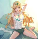  1girl arm_up armpits bangs bare_shoulders barefoot bed blonde_hair breasts cleavage commentary_request gem headpiece highres mythra_(xenoblade) kiiro_kimi large_breasts long_hair looking_at_viewer nintendo one_eye_closed shorts solo swept_bangs tank_top tiara very_long_hair xenoblade_(series) xenoblade_2 yellow_eyes 