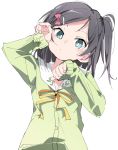  1girl black_hair blue_eyes bow female_focus hair_ornament hairclip hairpin hentai_ouji_to_warawanai_neko. ixy j.c._staff loli media_factory one_side_up paw_pose school_uniform short_hair side_ponytail tsutsukakushi_tsukiko 