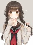  1girl bangs black_serafuku blush braid brown_eyes brown_hair buttons closed_mouth commentary_request eyebrows_visible_through_hair hair_between_eyes hair_over_shoulder heart hiiragi_souren holding holding_hair long_hair long_sleeves looking_to_the_side neckerchief original red_neckwear sailor_collar school_uniform serafuku simple_background sweater twin_braids 