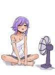  1girl bangs barefoot blush breasts choujigen_game_neptune cleavage closed_eyes d-pad d-pad_hair_ornament donburikazoku fan hair_ornament indian_style neptune_(neptune_series) neptune_(series) open_mouth purple_hair shirt short_hair shorts sidelocks simple_background sitting smile solo sweat white_background 