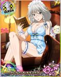  1girl book braid breasts card_(medium) character_name chess_piece closed_mouth cup glasses grayfia_lucifuge grey_eyes grey_hair high_school_dxd high_school_dxd_born holding holding_book holding_cup indoors large_breasts lingerie lipstick long_hair looking_at_viewer maid_headdress makeup nightgown official_art queen_(chess) red_lipstick sitting sleepwear smile solo trading_card twin_braids underwear 