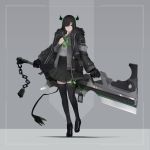  1girl absurdres armband bangs black_footwear black_gloves black_hair black_legwear black_skirt bow buttons chains cow_tail fur_trim gloves green_bow green_eyes green_hair hair_ornament hair_over_one_eye hairclip highres holding holding_sword holding_weapon horns huge_weapon jacket jiang1274 medium_hair multicolored_hair multiple_arms name_tag original pocket skirt solo standing sword tail thigh-highs uniform weapon 