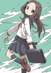  1girl absurdres brown_eyes brown_hair highres karakai_jouzu_no_takagi-san loafers long_hair looking_at_viewer school_briefcase school_uniform serafuku shoes solo standing standing_on_one_leg takagi-san yamamoto_souichirou 