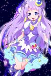  1girl :d blue_eyes boots crescent crescent_earrings cure_selene detached_collar dress earrings hair_ornament hair_tubes highres jewelry kaguya_madoka knee_boots long_hair looking_at_viewer magical_girl open_mouth precure purple_dress purple_hair ryuuta_(cure_ryuuta) see-through smile solo sparkle star star_twinkle_precure white_footwear wrist_cuffs 