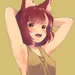  1girl :d animal_ear_fluff animal_ears armpits arms_behind_head arms_up bandaid bandaid_on_cheek bare_arms bare_shoulders breasts brown_background brown_shirt calm_mashiro collarbone covered_nipples hound_(sekaiju) open_mouth orange_eyes redhead sekaiju_no_meikyuu sekaiju_no_meikyuu_5 shirt short_hair simple_background sleeveless sleeveless_shirt small_breasts smile solo upper_body upper_teeth v-shaped_eyebrows 