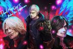  3boys black_coat black_hair blue_coat blue_eyes closed_mouth coat dante_(devil_may_cry) devil_may_cry devil_may_cry_5 english_text facial_hair glowing grey_eyes hair_over_one_eye jewelry male_focus medium_hair multiple_boys necklace nero_(devil_may_cry) official_art red_coat red_shirt shirt signature sleeves_rolled_up smile standing sword tattoo tsuyomaru v_(devil_may_cry) weapon weapon_on_back white_hair zipper 