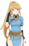  1girl alternate_costume bangs blonde_hair blush breasts cleavage cosplay dress fire_emblem fire_emblem:_rekka_no_ken fire_emblem_heroes gloves highres intelligent_systems kgctcg long_hair lyndis_(fire_emblem)_(cosplay) monolith_soft monster_games mythra_(xenoblade) nintendo pelvic_curtain ponytail sora_(company) super_smash_bros. super_smash_bros._ultimate swept_bangs tiara tsundere very_long_hair xenoblade_(series) xenoblade_2 yellow_eyes 