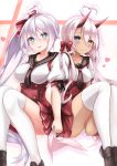  2girls ahoge azur_lane bangs black_footwear blue_eyes blush breasts cleavage closed_mouth collarbone dark_skin dress eyebrows_visible_through_hair hand_holding heart heart-shaped_pupils heart_ahoge heterochromia highres horns indianapolis_(azur_lane) large_breasts loafers long_hair looking_at_viewer medium_breasts multiple_girls necktie open_mouth panties pinafore_dress pink_hair pleated_dress portland_(azur_lane) red_dress ryara_vivi sailor_collar shirt shoes side_ponytail sidelocks sitting skirt smile symbol-shaped_pupils thigh-highs tongue tongue_out twintails underwear very_long_hair white_legwear white_panties white_shirt yellow_eyes 