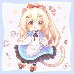  1girl :d ace_of_hearts animal_ears apron ayanami_(azur_lane) azur_lane bangs black_footwear black_ribbon blonde_hair blue_dress blush bow brown_eyes cat_ears cat_girl cat_tail checkerboard_cookie chibi collared_dress cookie cup dress eyebrows_visible_through_hair food fork frilled_apron frilled_dress frills hair_between_eyes hair_bow hair_ornament hairclip heart high_ponytail kemonomimi_mode long_hair looking_at_viewer neck_ribbon notice_lines open_mouth pantyhose ponytail puffy_short_sleeves puffy_sleeves red_bow ribbon sakurato_ototo_shizuku shoes short_sleeves sidelocks smile solo spoon striped striped_legwear tail teacup teapot very_long_hair white_apron 