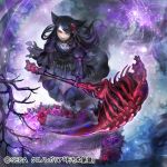  1girl animal_ears black_dress black_gloves black_hair brown_eyes chrono_regalia dress flower full_body gloves hair_ornament holding holding_weapon kageco long_hair long_sleeves looking_at_viewer motion_blur official_art puffy_long_sleeves puffy_sleeves scythe solo watermark weapon 