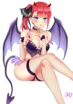  1girl :o absurdres bangs bare_shoulders bell bell_choker black_choker blue_eyes blue_nails blunt_bangs blush breasts butterfly_hair_ornament choker cleavage collarbone commentary_request crop_top cross-laced_clothes demon_girl demon_horns demon_tail demon_wings detached_sleeves eyebrows_visible_through_hair feet_out_of_frame fishnet_legwear fishnets go-toubun_no_hanayome hair_ornament highres horns jingle_bell legs_crossed long_hair looking_at_viewer nail_polish nakano_nino open_mouth panties purple_panties redhead revision showgirl_skirt side_ponytail signature simple_background sitting sleeves_past_wrists solo strap_lift tail thigh-highs thong underwear user_mnwn3283 white_background wings 