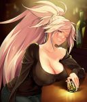  1girl alcohol amputee baiken bare_shoulders black_sweater blonde_hair bottle breasts cleavage clenched_teeth collarbone facial_mark glass guilty_gear guilty_gear_xrd highres indoors jako_(toyprn) large_breasts long_hair long_sleeves looking_at_viewer one_eye_closed pink_eyes ponytail ribbed_sweater scar scar_across_eye sitting smile solo sweater teeth 