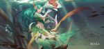  1girl bangs breasts cleavage commentary_request elbow_gloves fish_girl gloves green_eyes green_hair hair_ornament happy highres long_hair looking_at_viewer medium_breasts mermaid monster_girl navel official_art open_mouth parted_bangs sdorica_-sunset- solo underwater very_long_hair water 