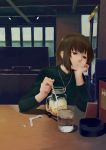  1girl amefurashi androgynous arm_support brown_eyes brown_hair cellphone commentary_request drinking_straw head_rest highres iced_coffee indoors jewelry necklace original partial_commentary phone short_hair smartphone solo 