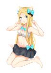  1girl :o abigail_williams_(fate/grand_order) absurdres animal_ear_fluff animal_ears armpits bangs bare_arms bare_shoulders barefoot black_bow black_skirt blonde_hair blue_bow blue_eyes blush bow breasts cat_ears cleavage cleavage_cutout collarbone commentary_request fate/grand_order fate_(series) forehead groin hands_up highres kemonomimi_mode long_hair looking_at_viewer navel open_mouth parted_bangs simple_background sitting skirt small_breasts solo very_long_hair wariza white_background yukaa 