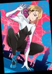  1girl artist_name ballet_slippers blonde_hair blue_eyes bodysuit butcha-u city commentary_request eyebrow_piercing gwen_stacy hand_on_hip highres hood hood_down marvel mask mask_removed piercing raised_eyebrows rooftop short_hair skin_tight smile solo spider-gwen spider-man:_into_the_spider-verse spider-man_(series) spider_web_background spider_web_print squatting superhero tiptoes 