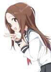  1girl :d brown_eyes brown_hair ixy karakai_jouzu_no_takagi-san long_hair long_sleeves looking_at_viewer open_mouth school_uniform serafuku simple_background smile solo takagi-san v white_background 