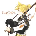  1boy adapted_costume bagpipes bangs blonde_hair blowing blue_eyes character_name from_side highres holding holding_instrument instrument kagamine_len kilt long_sleeves male_focus music plaid playing_instrument ponytail profile roy_(pixiv992911) scotland shirt simple_background solo tassel upper_body vocaloid white_background white_shirt 