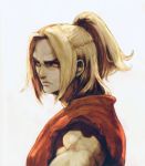  1boy blonde_hair closed_mouth dougi frown karate_gi ken_masters looking_at_viewer male_focus medium_hair minoru_omr muscle ponytail profile red_eyes simple_background solo street_fighter tagme white_background 