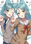  2girls :o ;d absurdres animal_ears aqua_hair bang_dream! blazer blue_neckwear blush bow brown_dress cat_ears cat_tail claw_pose double-breasted dress english_text fang green_eyes grey_jacket hair_bow hanasakigawa_school_uniform haneoka_school_uniform highres hikawa_hina hikawa_sayo jacket kemonomimi_mode long_hair long_sleeves looking_at_viewer mia_(fai1510) multiple_girls neck_ribbon necktie one_eye_closed open_mouth red_neckwear ribbon sailor_dress school_uniform short_hair siblings side_braids sidelocks sisters smile striped striped_neckwear tail twins yellow_bow 