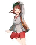  1girl backpack bag bangs brown_eyes brown_hair commentary_request creatures_(company) female_protagonist_(pokemon_swsh) game_freak green_hat hand_on_headwear hat highres long_sleeves looking_at_viewer nintendo open_mouth pokemon pokemon_(game) pokemon_swsh shirt short_hair simple_background smile solo standing tam_o&#039;_shanter user_mdty8235 white_background 