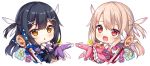  2girls :d alternate_hairstyle black_hair blue_flower blush boots brown_eyes chibi commentary detached_sleeves english_commentary fate/kaleid_liner_prisma_illya fate_(series) feathers flower gloves hair_feathers hair_ornament hitsukuya illyasviel_von_einzbern leotard light_brown_hair long_hair long_sleeves looking_at_viewer magical_ruby magical_sapphire miyu_edelfelt multiple_girls open_mouth parted_lips pink_footwear pink_legwear pink_shirt pink_sleeves pleated_skirt prisma_illya purple_flower purple_legwear purple_leotard purple_sleeves red_eyes shirt shoes simple_background skirt sleeveless sleeveless_shirt smile thigh-highs thigh_boots twintails very_long_hair wand white_background white_footwear white_gloves white_skirt x_hair_ornament 