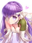  1girl all_fours bandage bandage_over_one_eye bow breasts cleavage closed_mouth fate/grand_order fate_(series) hair_bow heart highres kingprotea long_hair looking_at_viewer medium_breasts moss purple_hair simple_background smile solo tomo_(user_hes4085) violet_eyes white_background white_bow 