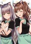  2girls ;d absurdres animal_ears apron bang_dream! bangs black_dress blush bow bowtie brown_hair bunny_earrings cat_ears dress embarrassed frown green_apron green_eyes green_neckwear grey_hair half_updo highres holding holding_menu imai_lisa long_hair looking_at_another menu mia_(fai1510) minato_yukina multiple_girls one_eye_closed open_mouth paw_pose short_sleeves smile spoken_paw_print squiggle waitress yellow_eyes 