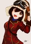  1girl :d absurdres adjusting_goggles black_hair blue_scarf brown_eyes brown_gloves coat fingerless_gloves fur_trim gloves goggles goggles_on_headwear hand_up highres kirie_(kouya_no_kotobuki_hikoutai) kouya_no_kotobuki_hikoutai long_sleeves looking_at_viewer open_mouth red_coat scarf short_hair smile solo standing white_background yoshinogirly 