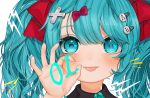  1girl :p absurdres aqua_hair bangs blush bow commentary_request gotoh510 hair_between_eyes hair_bow hair_ornament hand_up hatsune_miku highres long_hair looking_at_viewer ok_sign portrait red_bow simple_background solo tongue tongue_out vocaloid white_background x_hair_ornament 
