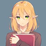  1girl bangs blonde_hair book brown_sweater calm_mashiro closed_mouth expressionless green_eyes grey_background hair_between_eyes holding holding_book long_hair long_sleeves looking_at_viewer pointy_ears sekaiju_no_meikyuu sekaiju_no_meikyuu_5 sidelocks simple_background solo sweater upper_body warlock_(sekaiju) wing_collar 