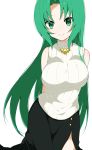  1girl arms_behind_back bangs bare_shoulders black_skirt breasts green_eyes green_hair highres higurashi_no_naku_koro_ni jewelry large_breasts long_hair long_skirt looking_at_viewer necklace parted_bangs ribbed_sweater side_slit simple_background skirt sleeveless sleeveless_sweater sleeveless_turtleneck smile solo sonozaki_shion sweater takae_(poupee_en_biscuit) turtleneck very_long_hair white_background white_sweater 