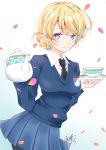  1girl bangs black_legwear black_neckwear blonde_hair blue_background blue_eyes blue_skirt blue_sweater blush braid closed_mouth collared_shirt cup darjeeling eyebrows_visible_through_hair fingernails girls_und_panzer gradient gradient_background hair_between_eyes highres holding_saucer holding_teapot long_sleeves necktie pantyhose petals pleated_skirt saucer school_uniform sheepd shirt short_hair signature skirt smile solo st._gloriana&#039;s_school_uniform sweater teacup teapot white_background white_shirt 