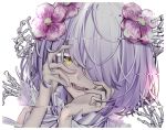  1girl bangs bare_shoulders close-up commentary distortion face flower hair_between_eyes hair_flower hair_ornament hair_over_one_eye hand_on_own_face highres kudou_chitose looking_at_viewer nail_polish nijisanji open_mouth pink_flower pink_nails pirapirapirapira portrait short_hair skeletal_hand sleeveless smile solo virtual_youtuber wavy_hair white_hair yandere_trance yellow_eyes 