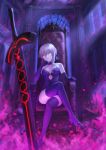  1girl artoria_pendragon_(all) bangs bare_shoulders black_dress black_footwear black_legwear black_ribbon blonde_hair braid breasts choker closed_mouth collarbone commentary_request dark_excalibur dark_persona dress fate/grand_order fate/stay_night fate_(series) fire french_braid hair_between_eyes hair_ribbon high_heels highres legs legs_crossed looking_at_viewer mashu_003 purple_fire ribbon saber_alter sitting solo sword thigh-highs thighs throne weapon yellow_eyes 