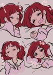  1girl :o absurdres ahoge closed_eyes closed_mouth drooling expressions eyebrows_visible_through_hair flower highres hugtto!_precure long_hair long_sleeves looking_at_viewer nono_hana open_mouth pajamas pink_eyes pink_hair pink_pajamas precure sleeping smile tankobukids waking_up 