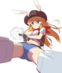  1girl animal_ears belt blue_eyes breasts brown_hat brown_vest charlotte_e_yeager cleavage denim denim_shorts drawfag firing gun handgun hat long_hair m1911 medium_breasts navel orange_hair pistol rabbit_ears red_bandana short_shorts shorts smile solo strike_witches vest weapon white_background world_witches_series 