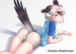  1girl absurdres arched_back arm_support ass bangs bare_arms bare_legs bike_shorts bird_tail bird_wings black_hair character_name crotch_seam feathers from_side greater_roadrunner_(kemono_friends) green_eyes grey_hair grin hair_ornament hair_tubes hairband head_wings highres impossible_clothes impossible_shorts kemono_friends looking_at_viewer looking_to_the_side lying medium_hair multicolored_hair on_stomach pantylines shadow shiny shiny_clothes shiny_hair shirt short_sleeves shorts sidelocks skin_tight skindentation smile solo st.takuma star wings 