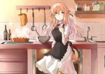  1girl apple_pie apron bowl brown_hair commentary_request faucet girls_frontline green_eyes kitchen looking_at_viewer m1903_springfield_(girls_frontline) mittens solo whisk yichuan 