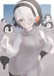  1girl absurdres bird black_hair brown_eyes check_character commentary_request emperor_penguin_(kemono_friends) eyebrows_visible_through_hair eyes_visible_through_hair hair_over_one_eye headphones highres kemono_friends looking_at_viewer mochorinpun multicolored_hair penguin short_hair smile solo sweater turtleneck turtleneck_sweater two-tone_hair white_hair 