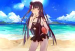 1girl ball beach beachball blue_sky blush breasts cleavage clouds cloudy_sky commentary_request girls_frontline hair_ribbon island_kahuna long_hair looking_at_viewer ocean purple_hair red_eyes ribbon sky solo swimsuit wa2000_(girls_frontline) yichuan 