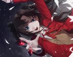  1girl black_bow blue_eyes blush bow brown_hair coat fate/stay_night fate_(series) hair_bow hakisou highres long_hair long_sleeves open_mouth red_coat solo striped striped_background tohsaka_rin twintails very_long_hair 
