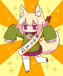  1girl animal_ear_fluff animal_ears bangs bell bell_collar blonde_hair blush brown_collar brown_footwear collar eyebrows_visible_through_hair fox_ears fox_girl fox_tail green_shirt hair_between_eyes hair_bun hair_ornament highres jingle_bell kemomimi-chan_(naga_u) long_sleeves naga_u orange_background original outstretched_arms pleated_skirt purple_skirt red_eyes ribbon-trimmed_legwear ribbon_trim sash shirt sidelocks skirt sleeves_past_fingers sleeves_past_wrists solo sparkle standing standing_on_one_leg tail thigh-highs translation_request two-tone_background v-shaped_eyebrows white_legwear yellow_background 
