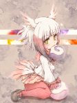  1girl bangs bird_tail bird_wings black_hair blush commentary_request eyebrows_visible_through_hair food frilled_sleeves frills fur_collar gloves head_wings highres japanese_crested_ibis_(kemono_friends) japari_bun japari_symbol kemono_friends kolshica long_sleeves multicolored_hair neck_ribbon pantyhose penny_loafers pleated_skirt red_gloves red_legwear redhead ribbon short_hair sidelocks sitting skirt solo wariza white_hair wings yellow_eyes 