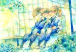  2boys blonde_hair blue_pants brown_eyes closed_eyes day funetail grass japanese_clothes long_hair looking_at_another male_focus multiple_boys original outdoors pants plant ponytail porch sitting traditional_media watercolor_(medium) 