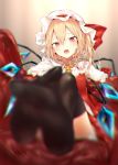  1girl ascot black_legwear blonde_hair blurry blurry_foreground chromatic_aberration commentary_request couch crystal depth_of_field fangs feet flandre_scarlet foreshortening frilled_shirt_collar frills hair_between_eyes hat hat_ribbon head_tilt highres long_hair looking_at_viewer lying mob_cap no_shoes on_back one_side_up open_mouth pov_feet red_eyes red_ribbon red_skirt red_vest ribbon sakusyo skirt skirt_set slit_pupils solo thigh-highs thighs touhou vest white_hat wings yellow_neckwear 