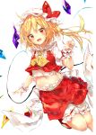  1girl :d blonde_hair bloomers blush bow commentary_request crop_top crystal fangs feet_out_of_frame flandre_scarlet frilled_shirt_collar frills hand_up hat hat_bow highres leg_up long_hair looking_at_viewer midriff mob_cap navel one_side_up open_mouth puffy_short_sleeves puffy_sleeves red_bow red_eyes red_footwear red_skirt red_vest sakusyo shirt shoes short_sleeves simple_background skirt skirt_set smile solo stomach touhou underwear vest white_background white_bloomers white_hat white_shirt wings wrist_cuffs yellow_neckwear 