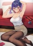  1girl adjusting_hair armpits arms_up black_legwear breasts camisole cleavage commentary_request couch doushimasho glasses highres lanyard looking_at_viewer no_shoes office_lady original pantyhose pencil_skirt purple_hair red-framed_eyewear sitting skirt solo violet_eyes yokozuwari 